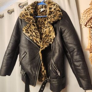 H&M Belted Pleather Jacket with Faux Fur Lining